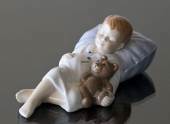 Jens sovende, Dreng sover med bamse, Royal Copenhagen figur