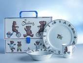 Julius suitcase to boys, mug, flat and deep plate, blue, produced by Royal Copenhagen