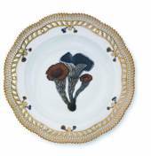 Flora Danica Mushrooms, soup plate with Horn of Plenty, open-work border, produced by Royal Copenhagenn