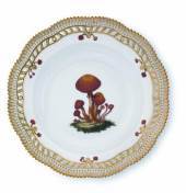 Flora Danica Mushrooms, soup plate with Scarlet Waxcap, open-work border, produced by Royal Copenhagenn