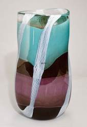 Dish, round, glass, purple, turquoise, and black