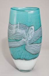 Vase, glass, blue and white