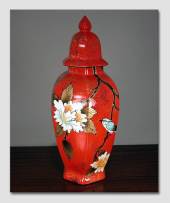 Red Chinese Temple-Jar with birds
