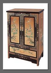 Chinese cabinet, black and gold, with glass top