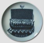 Swedish Stamp plate with viking ship, drawing in blue, produced by Bing & Grondahl