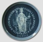 Plate, Swedish Stamp, Gracia Regis sweorum siggilum Magni Dei, drawing in blue, produced by Bing & Grondahl
