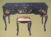 Chinese Desk and Stool in black lacquer w/decoration