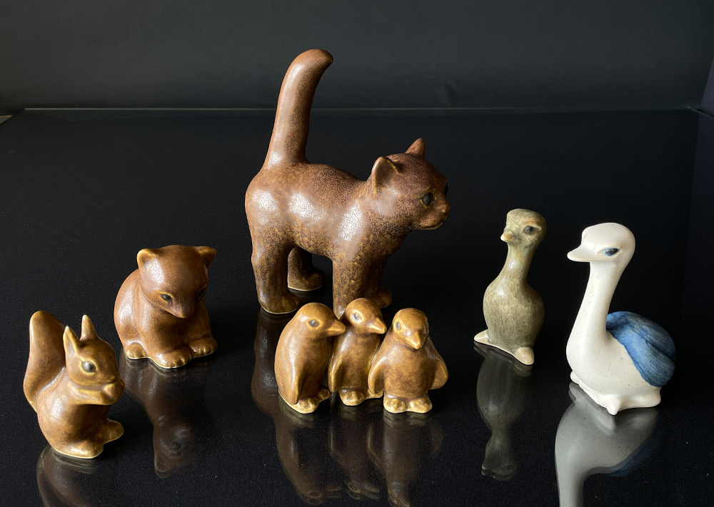 Knud Basse Ceramics Figurines of cat, bear, penguins, ostrich and heron