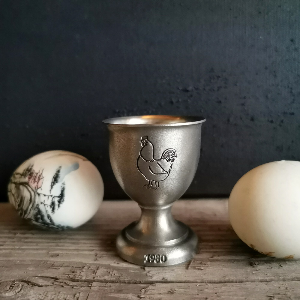Scandia Tin egg cup with unique oxidized finish, made of high-quality tin alloyed with copper and antimony, designed to become more beautiful over time