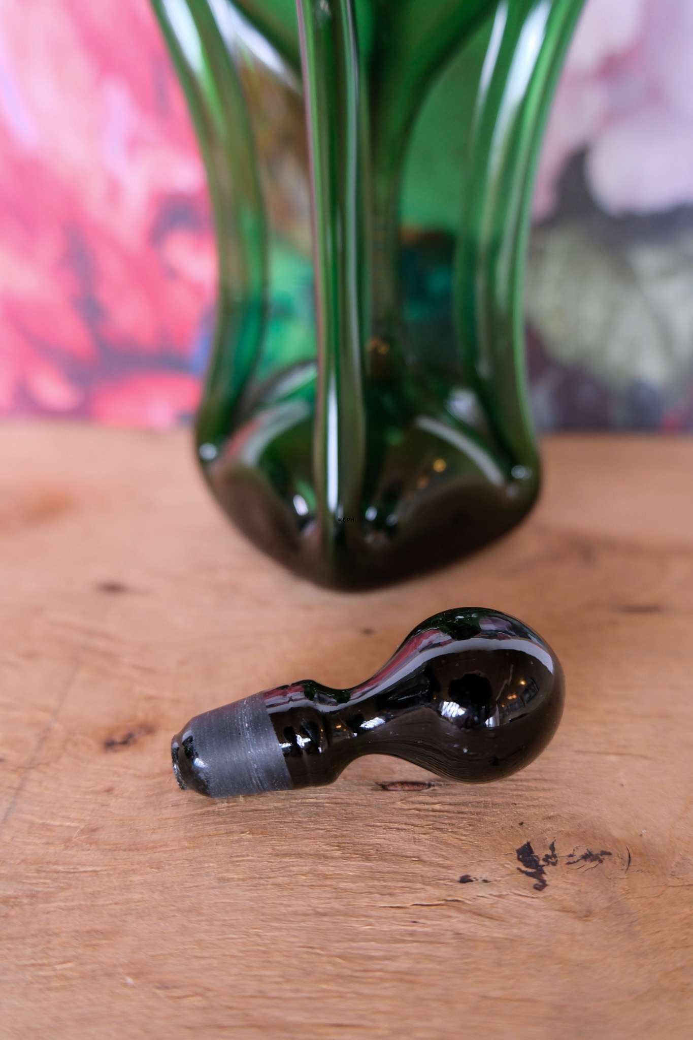 Holmegaard Kluk bottle in green glass with pewter decoration, 23 cm - vintage