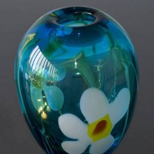 Large Round Glass Vase, Blue with flower, Hand Blown Glass Art, | No. 4450 | DPH Trading