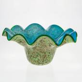 Bowl, Green and blue with wavy edge, 45cm, Hand Blown Glass, 