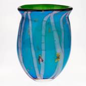 Large Glass Vase, Turquoise with trees and butterflies, 31cm, Hand Blown Gl...