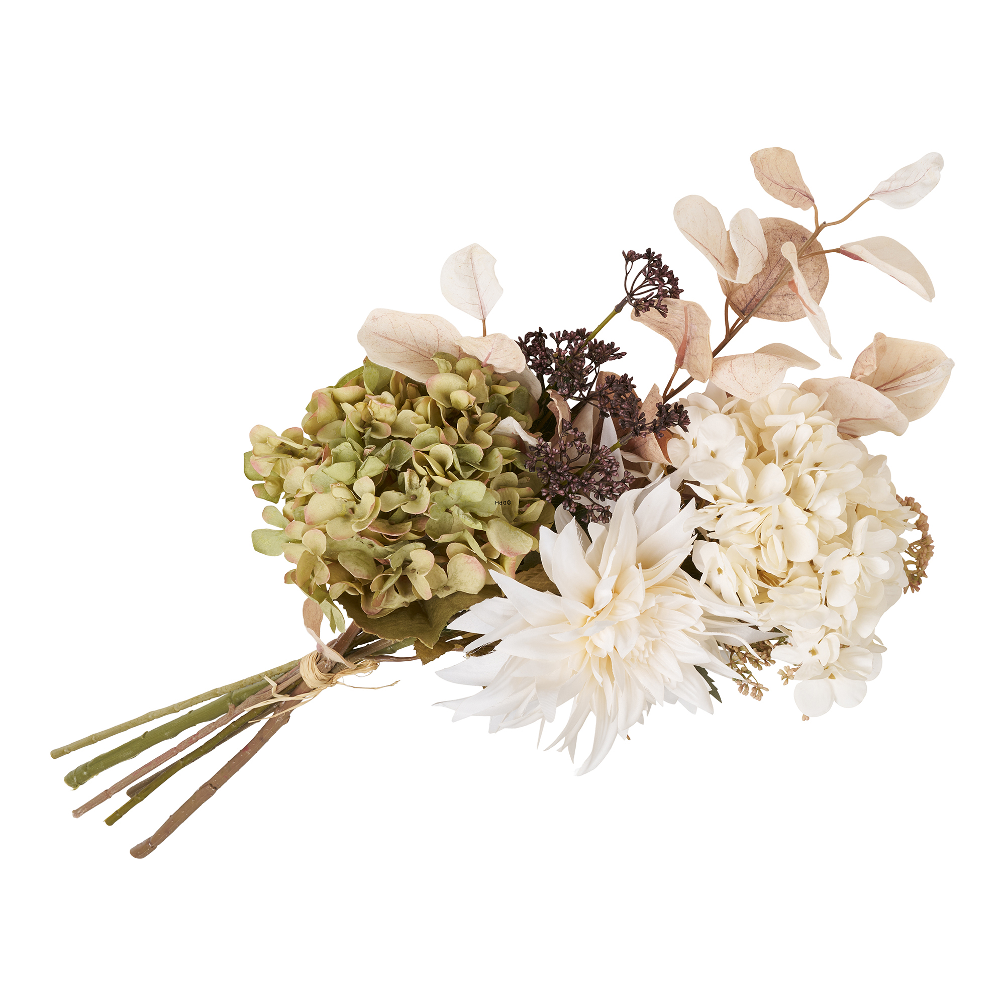 Lifelike flower bouquet with hydrangeas in soft, light shades, H: 63 cm