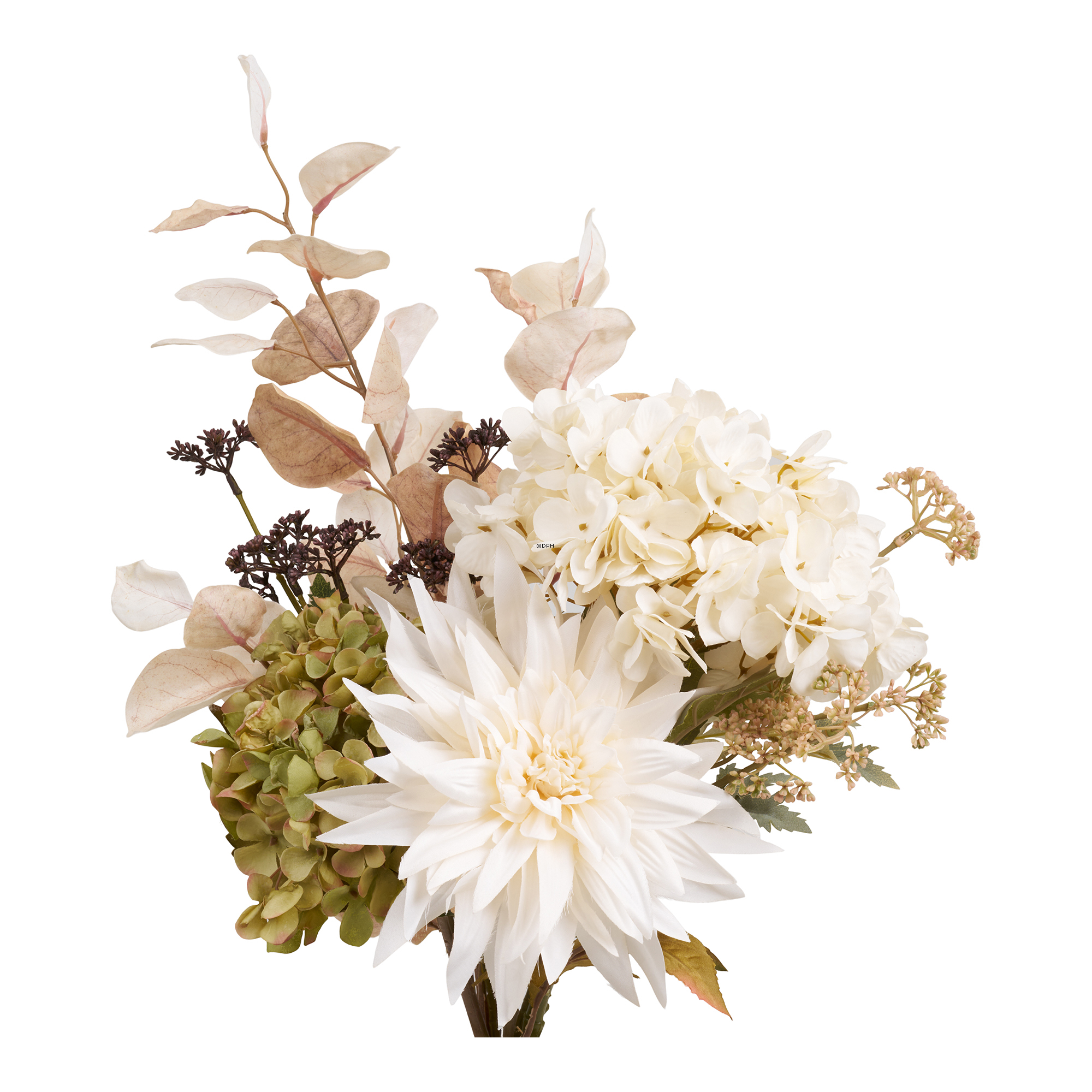 Lifelike flower bouquet with hydrangeas in soft, light shades, H: 63 cm