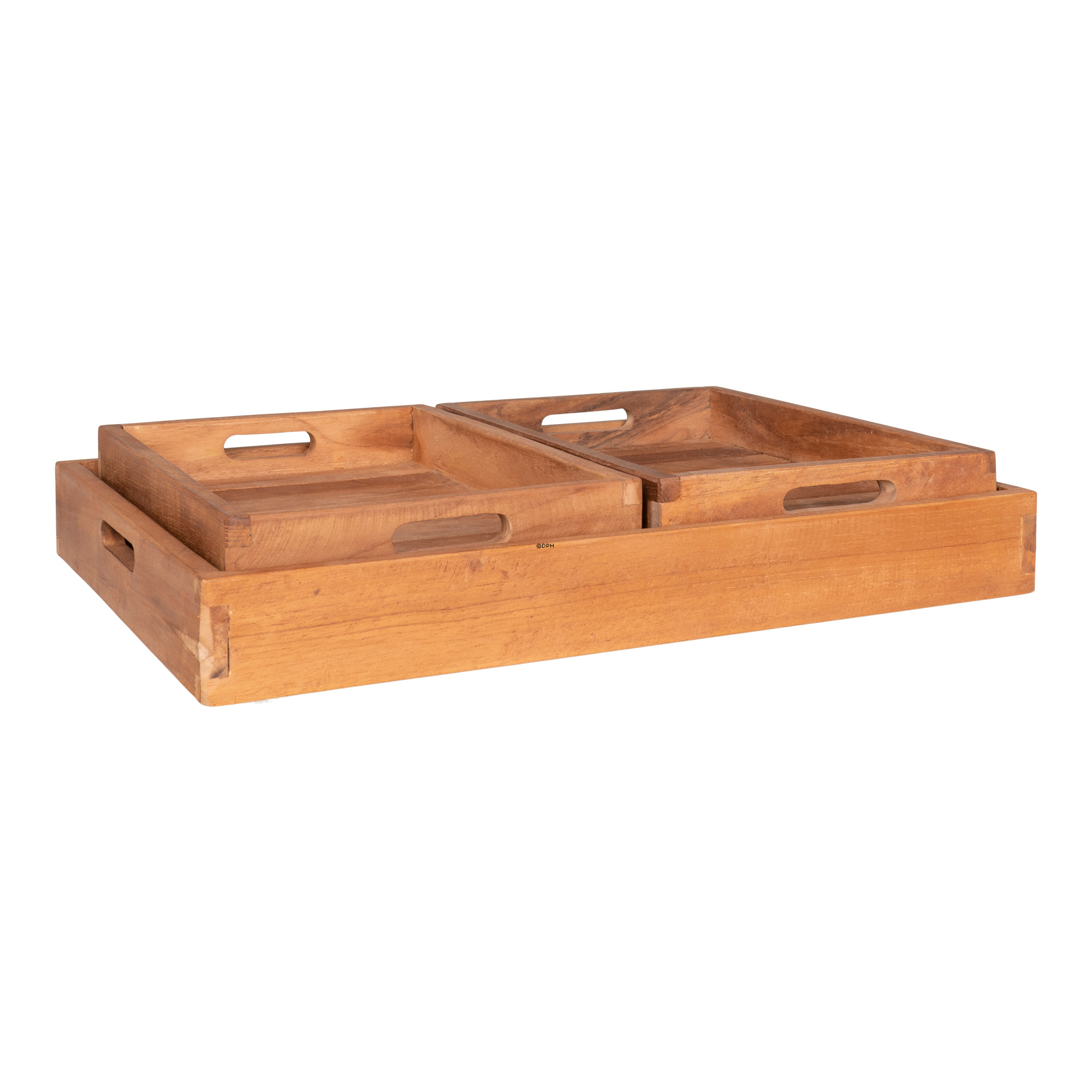 Wooden trays in natural teak, set of 3
(1 large: 40 x 29 cm - 2 small: 26 x 18 cm)