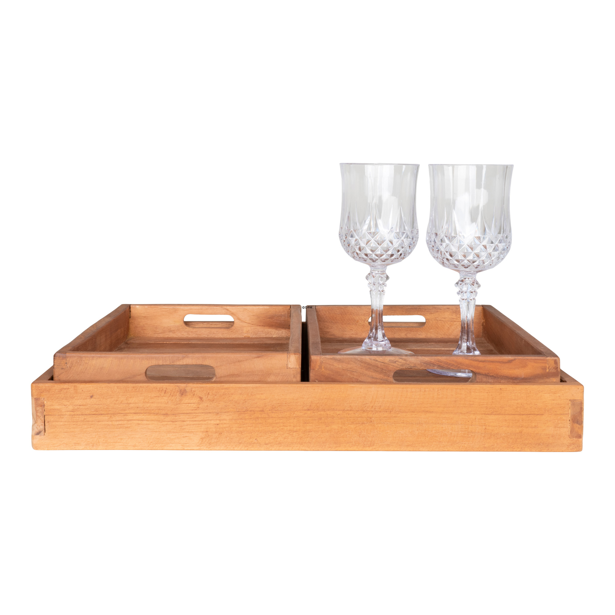 Wooden trays in natural teak, set of 3
(1 large: 40 x 29 cm - 2 small: 26 x 18 cm)