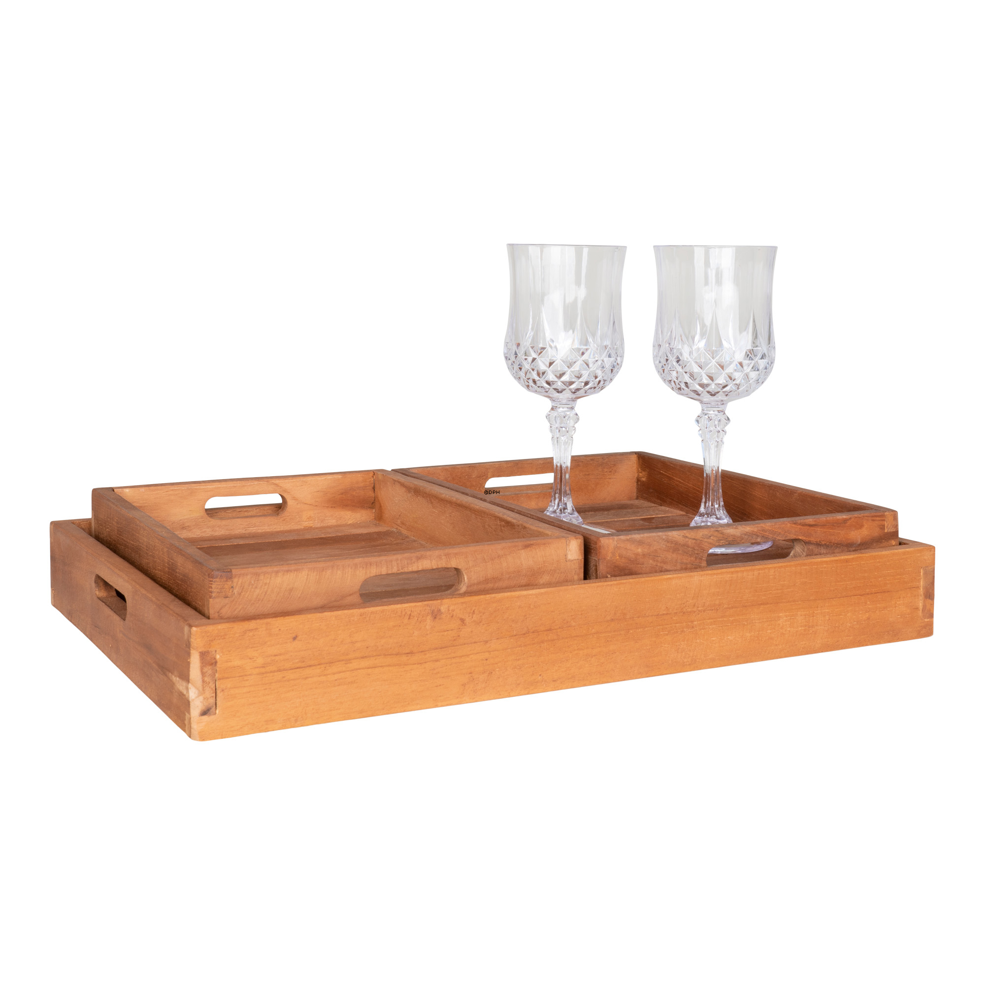 Wooden trays in natural teak, set of 3
(1 large: 40 x 29 cm - 2 small: 26 x 18 cm)