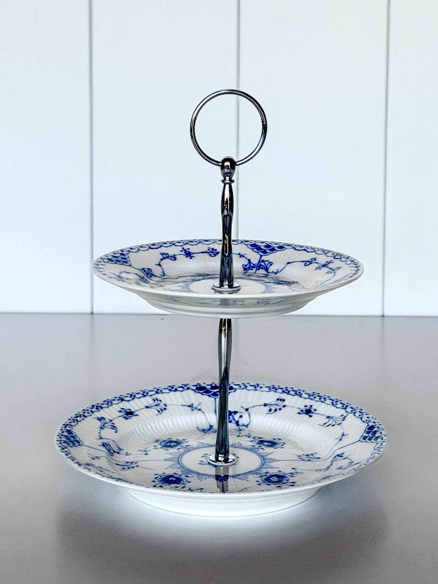 Royal Copenhagen Blue Fluted Half Lace 2-tier cake stand