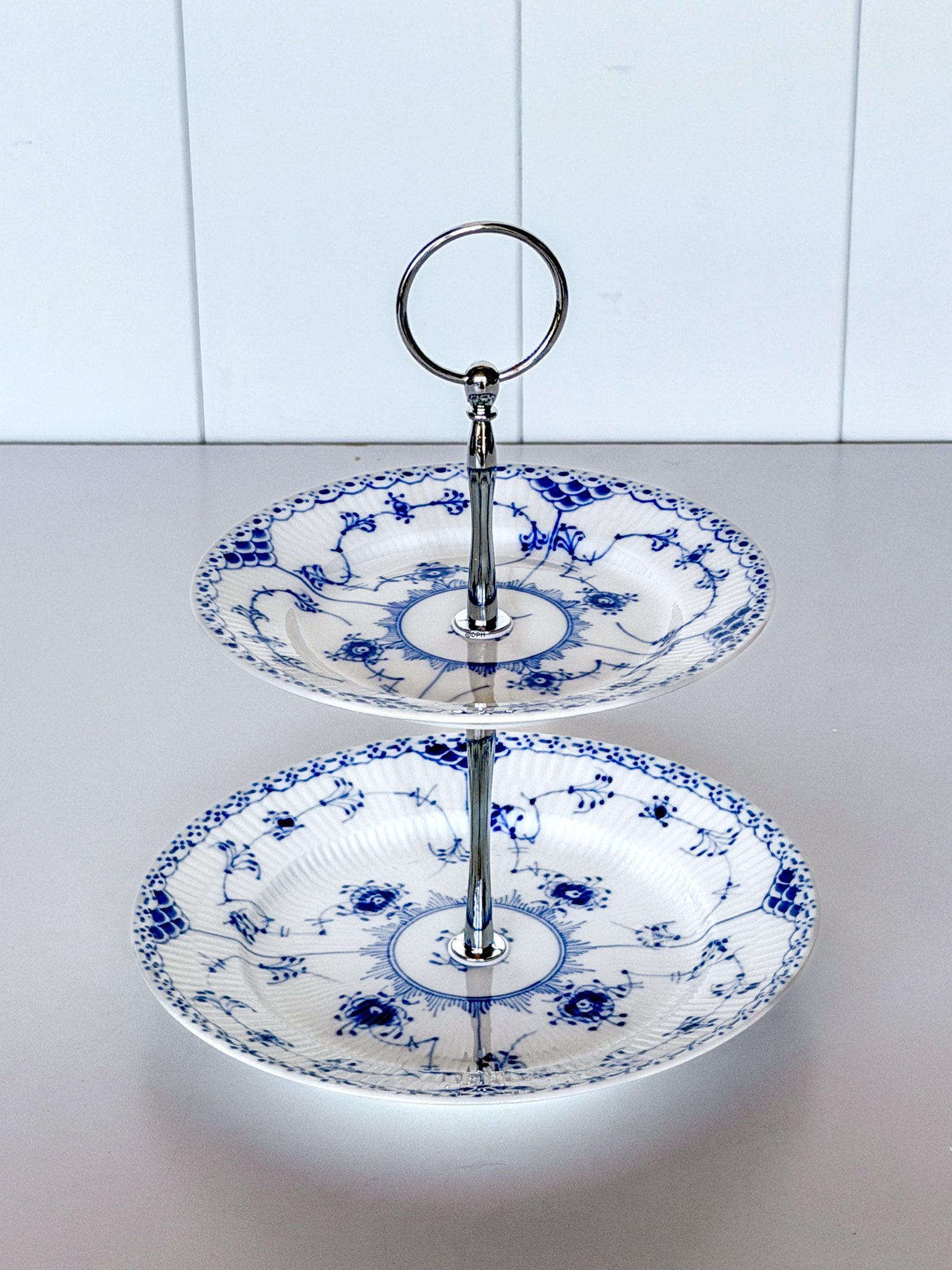 Royal Copenhagen Blue Fluted Half Lace 2-tier cake stand
