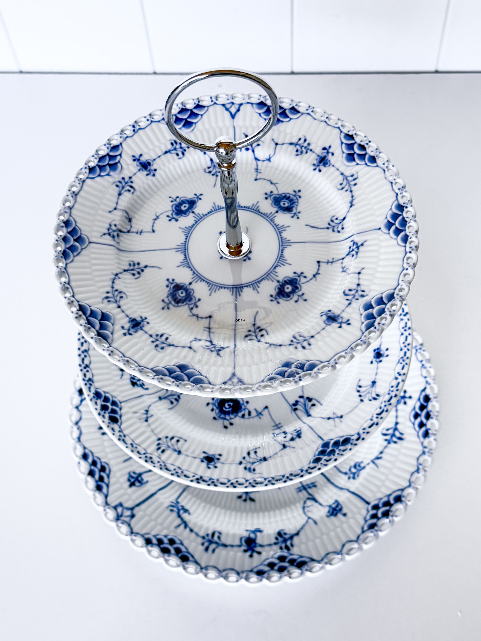 Royal Copenhagen Blue Fluted Full Lace / Half Lace 3-tier cake stand