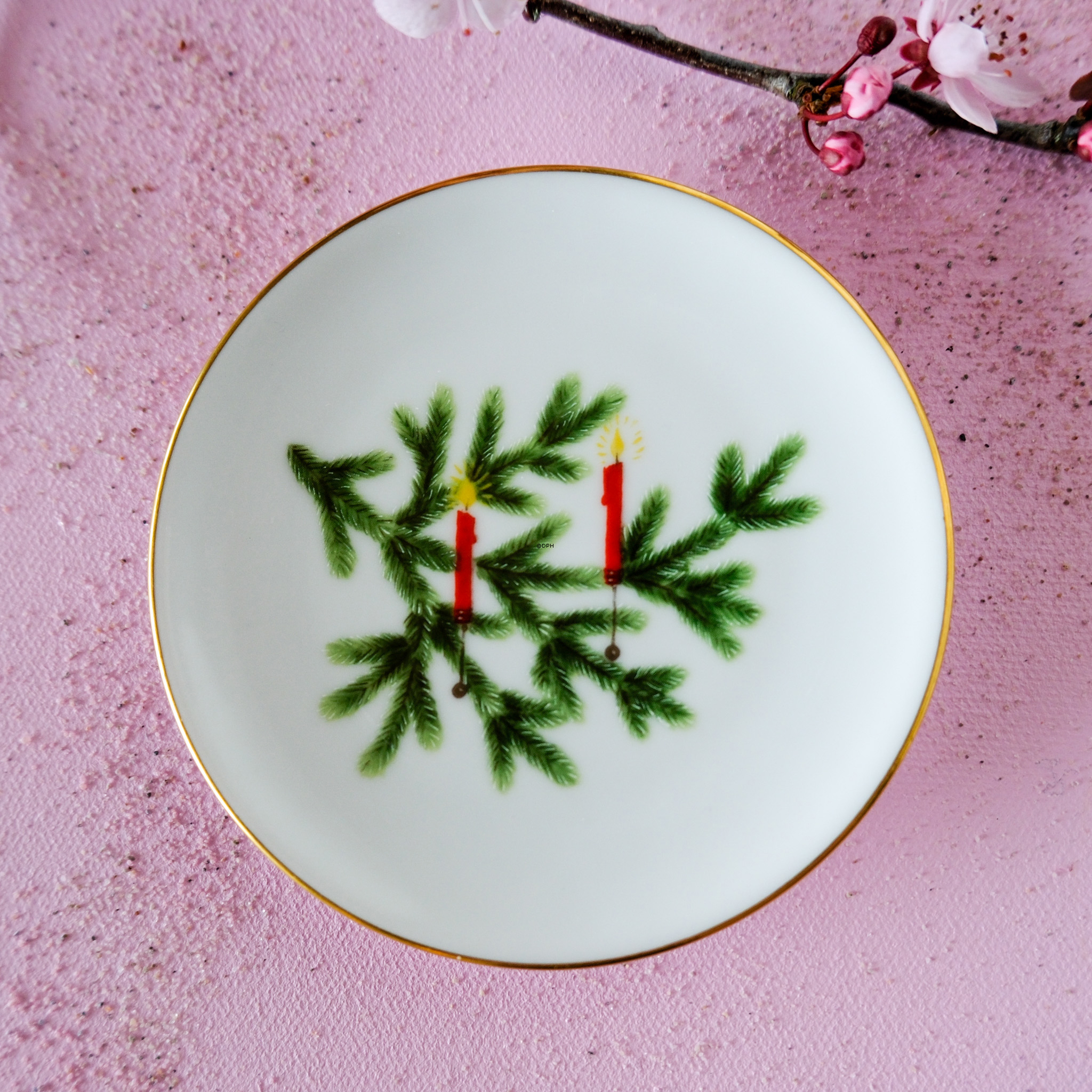 Christmas mini plate / plaquette with motif of candles on branch, Bing & Groendahl no. 2814-5709