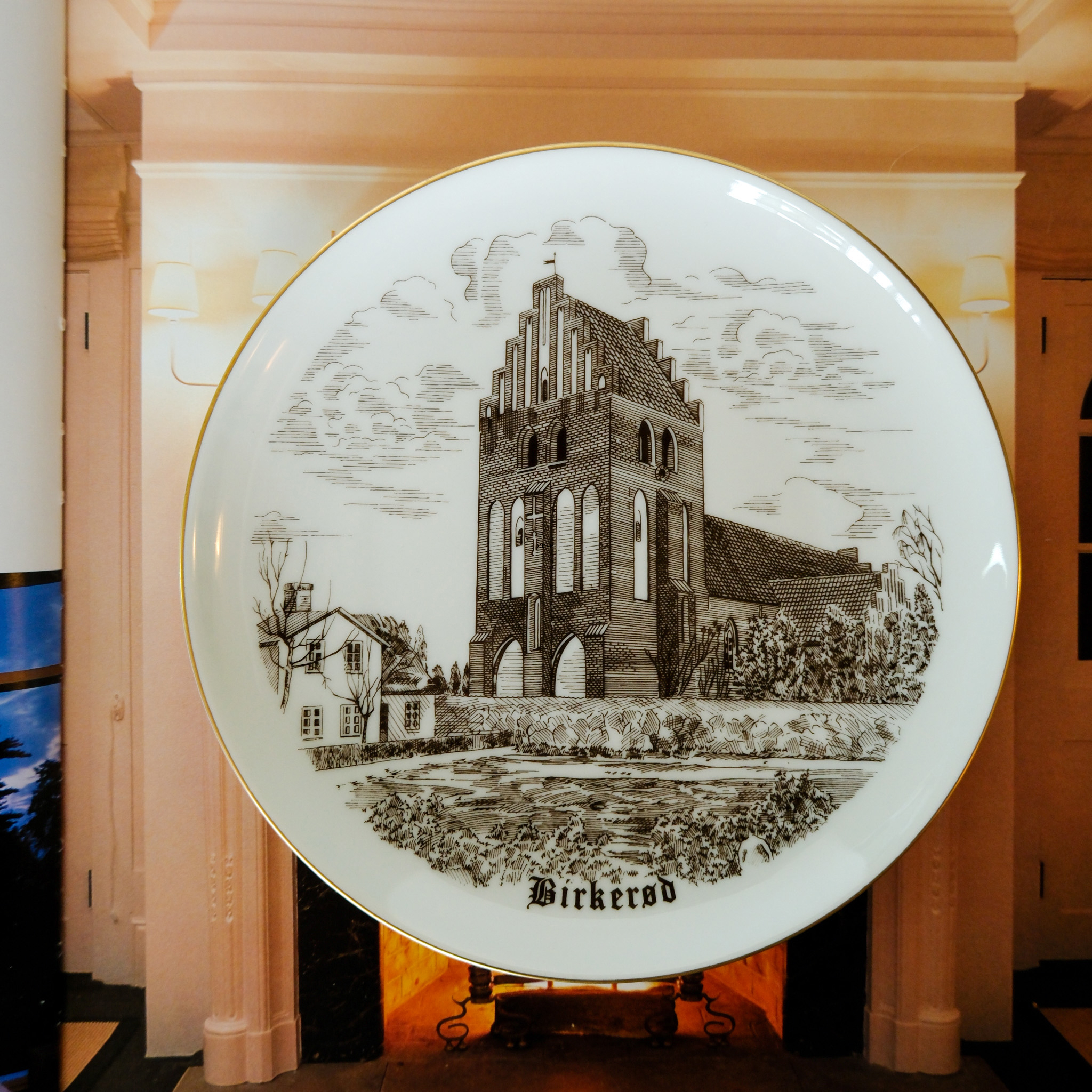 Birkerød Chuch plate, drawing in brown, Bing & Grondahl