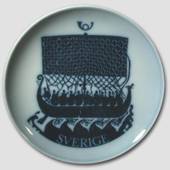 Swedish Stamp plate with viking ship, drawing in blue, Bing & Grondahl