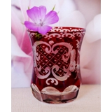 Small crystal glass vase, with engravings and bordeaux colored glass (small chip in the edge)