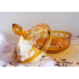 Yellow glass Bonbonniere, bowl with lid, with engravings