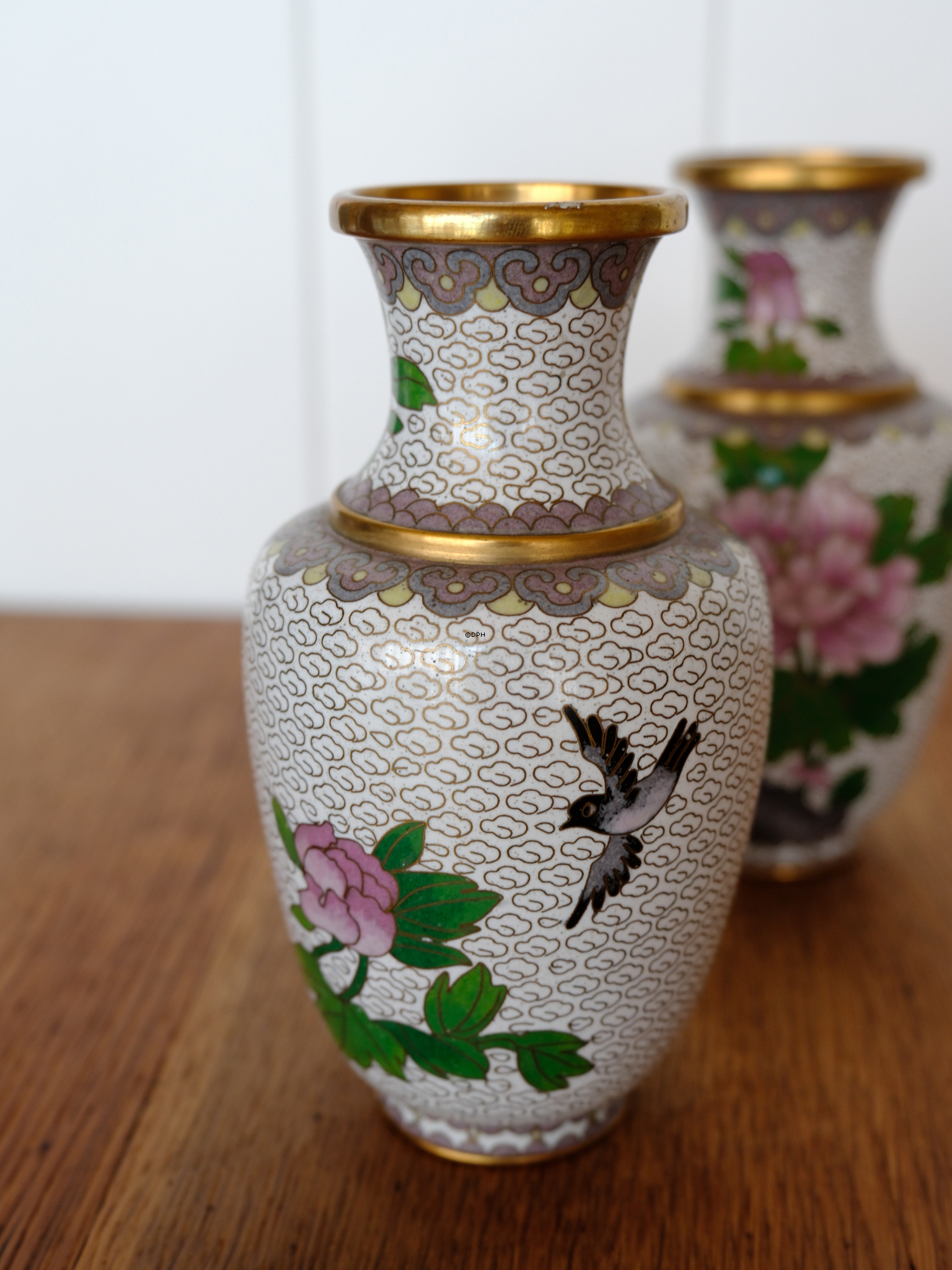 Chinese cloisonné vases with pink peony on a grey-beige background, set of 2