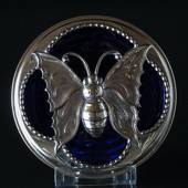 Blue glass bowl with top in silver plate with a butterfyl decoration