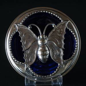 Blue glass bowl with top in silver plate with a butterfyl decoration | No. DV1691 | DPH Trading