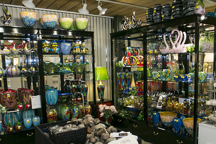 Mouthblown glass art figurines, bowls and vases in many colors