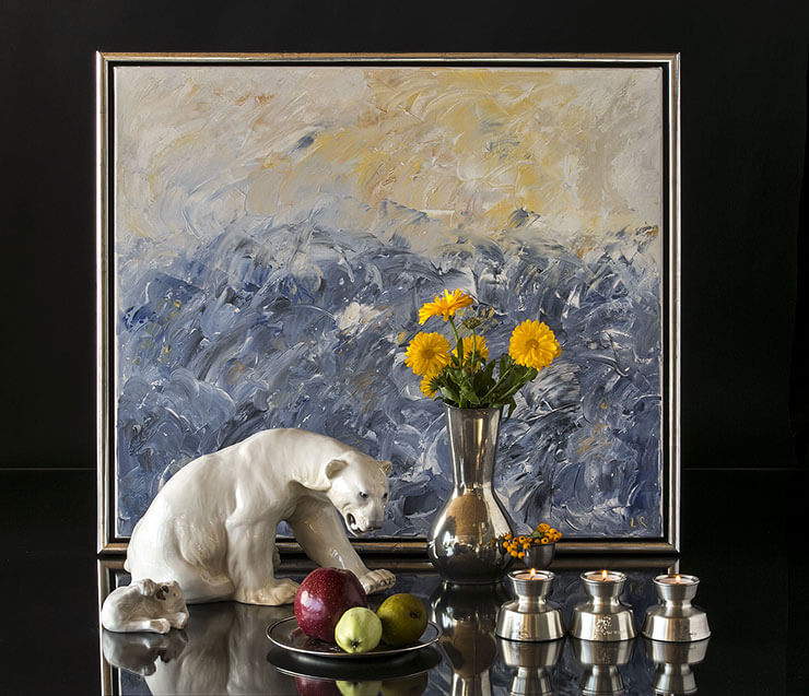 Polar bear figurine together with pewter tin vase, tin plate and tin candleholders