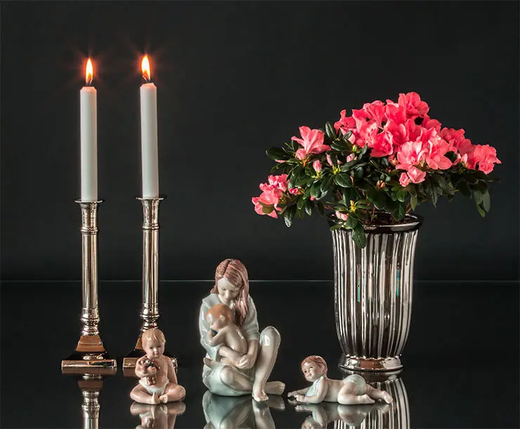 Candleholders, vase and Royal Copenhagen Children figurines