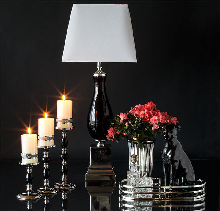 Classic candleholders, vases, mirror trays and lamps