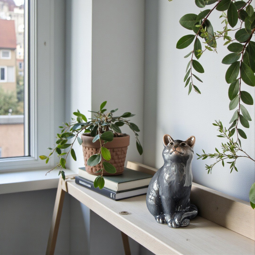 Royal Copenhagen annual figure 2022 cat in porcelain, gray cat figure sitting on a shelf with green plants in bright home decor