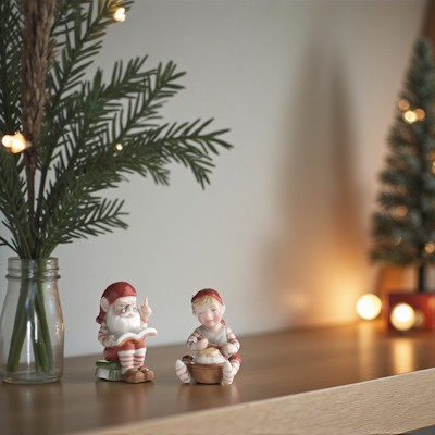 Two Royal Copenhagen Pixie elves stand on a wooden shelf next to fir in a vase, with a small Christmas tree and warm lights in the background.