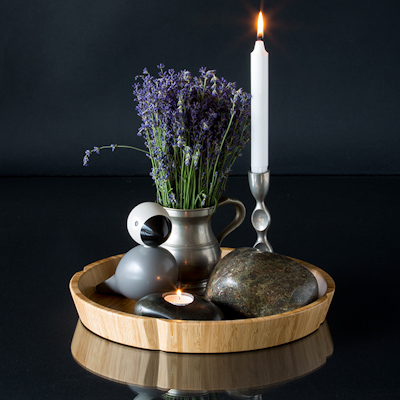 Kay Bojesen songbird with polished stone and candle holder on Rosendahl tray