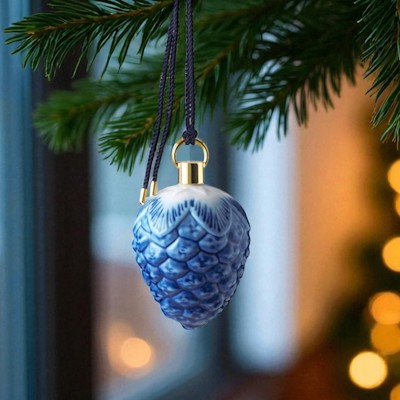 Royal Copenhagen Christmas ornament with blue pinecone motif hanging on a green fir branch with warm Christmas lights in the background.