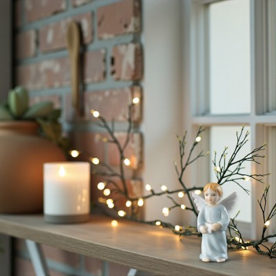 Royal Copenhagen angel with book from 2005 stands on a shelf by a window with candles, branches, and a warm string of lights.