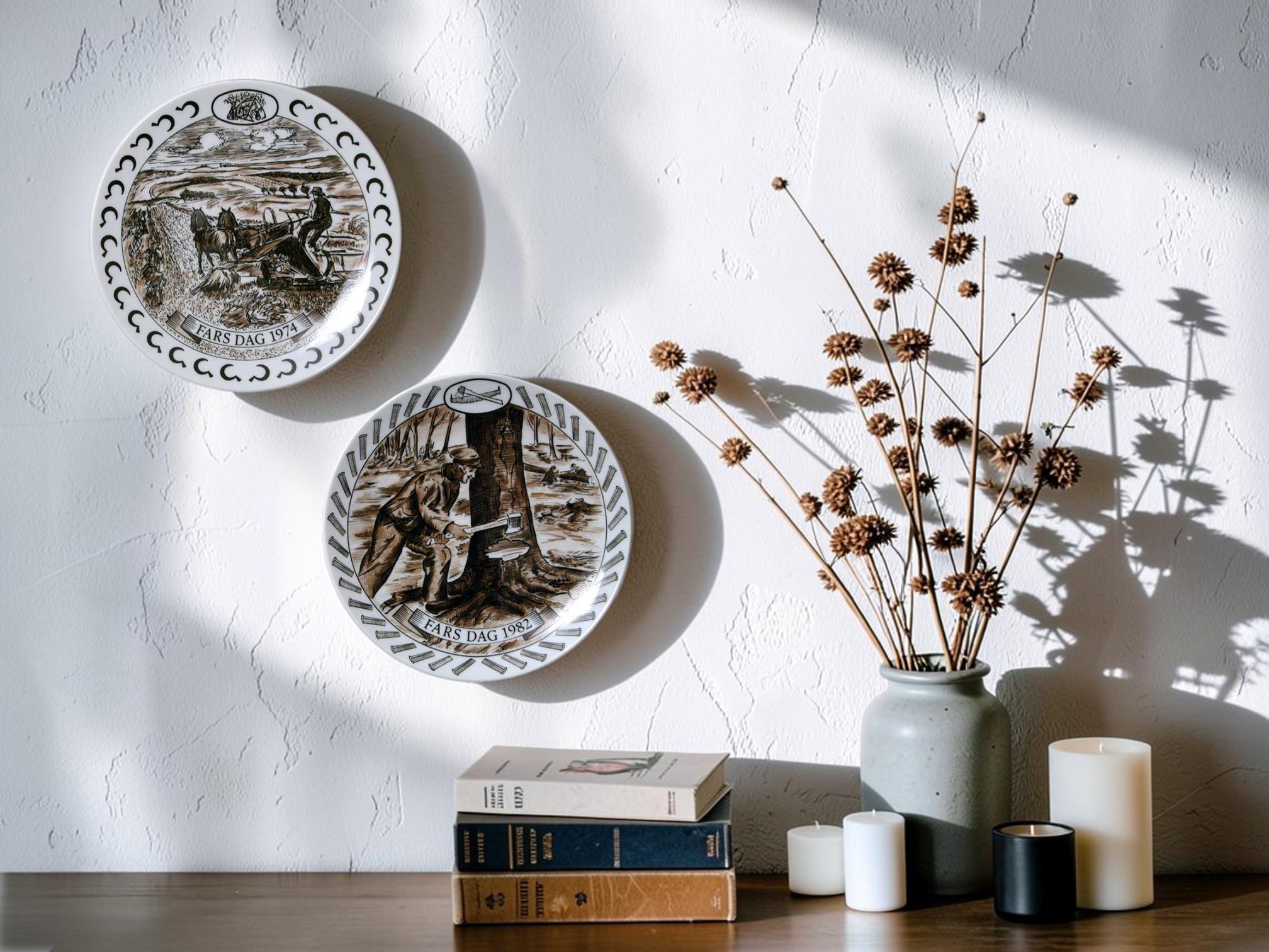 Egemose Father's Day plates with old crafts hung on the wall