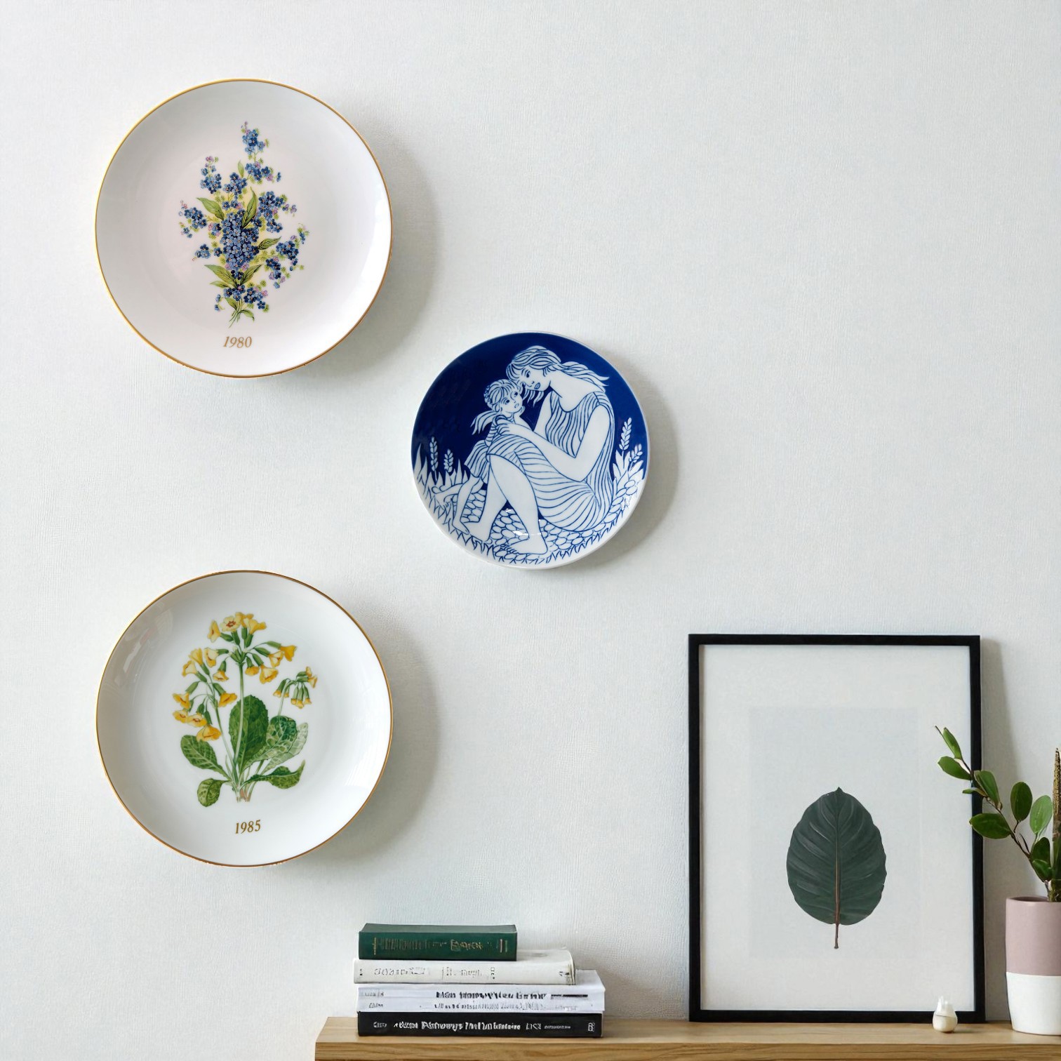 Hackefors Mother's Day plates displayed on a wall