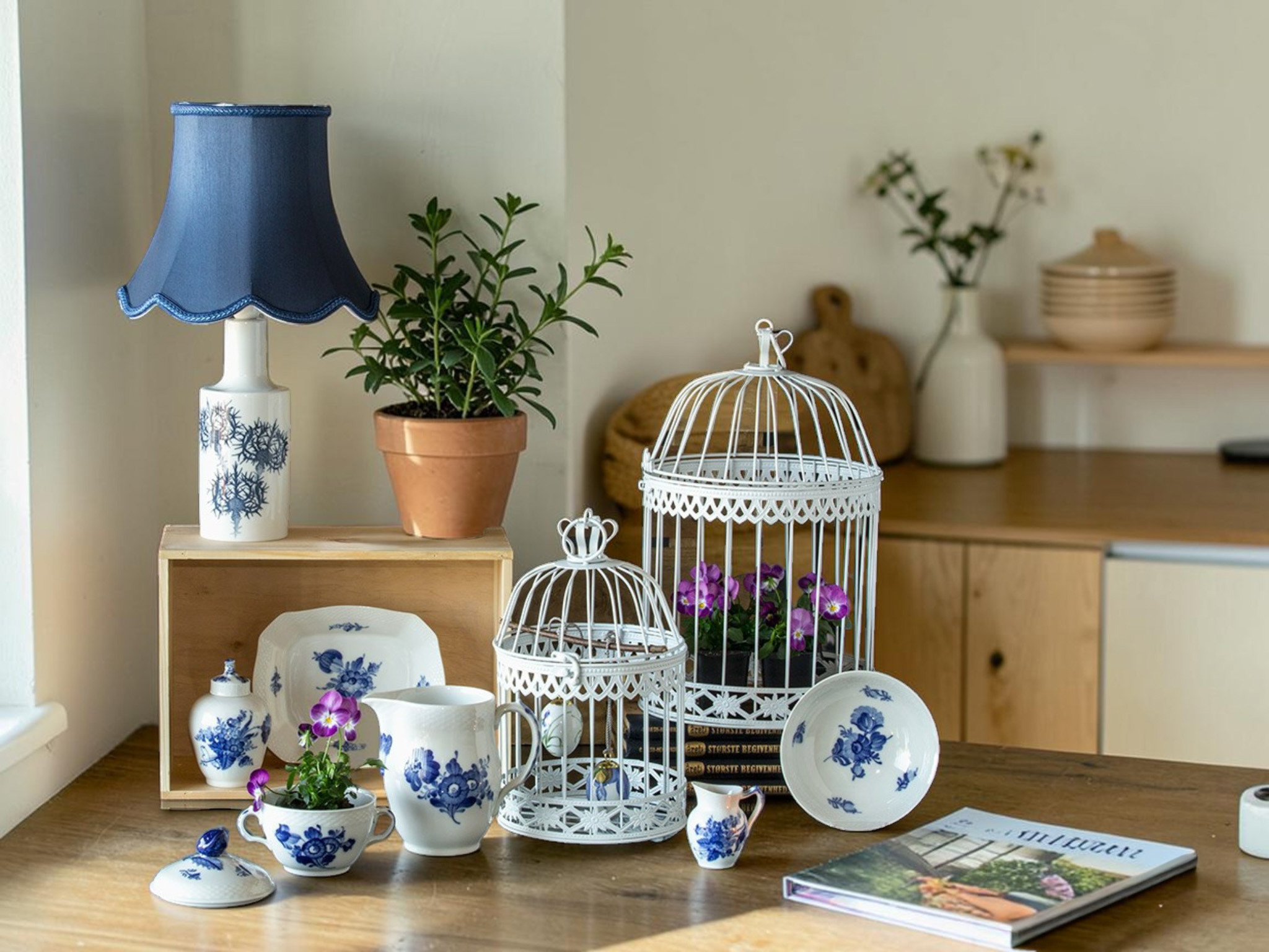 Blue octagonal lampshade in kitchen interior