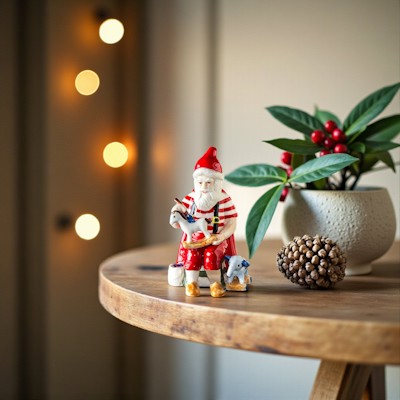 Royal Copenhagen Christmas figure with Santa and small animals on a wooden table with a green plant, cone, and warm Christmas lights in the background.