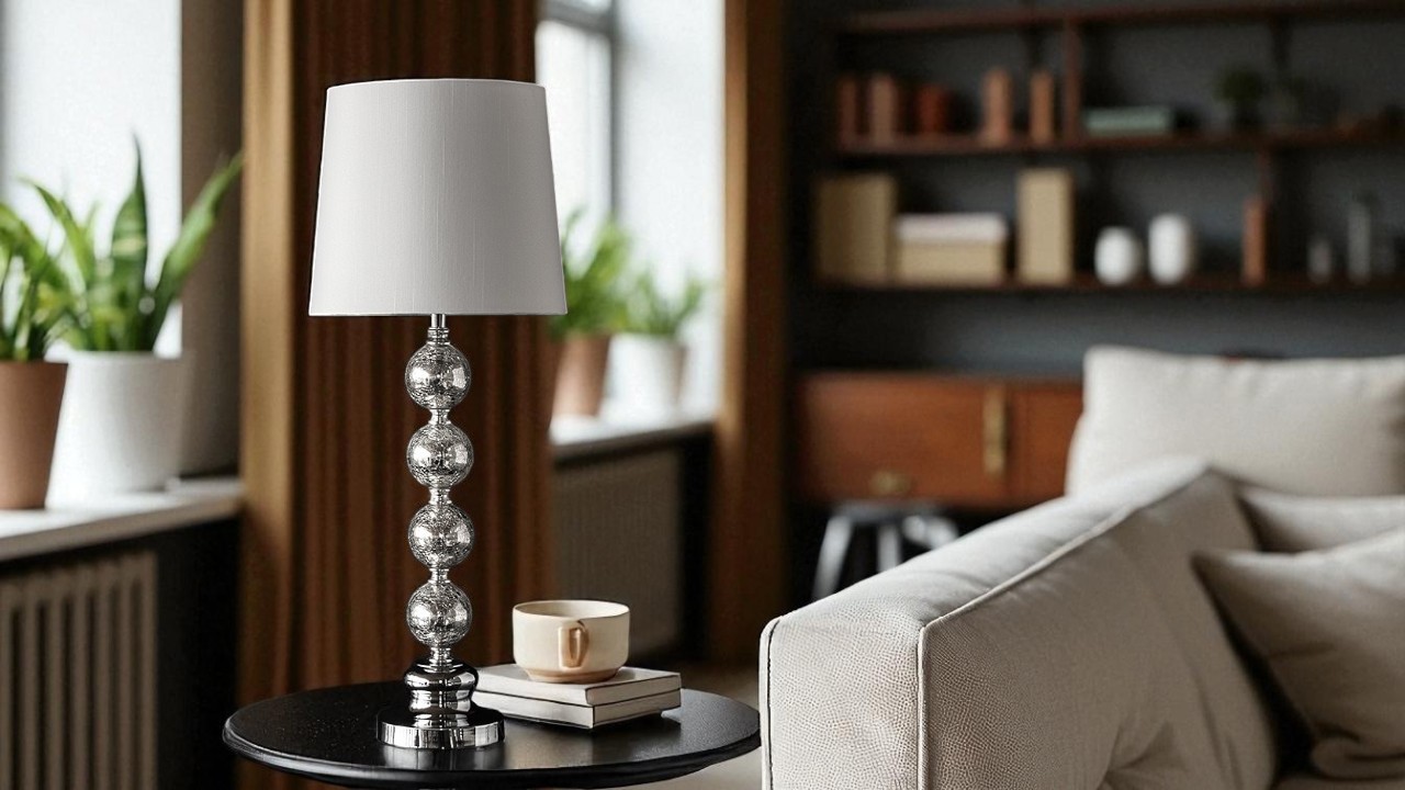 Classic table lamp with chrome finish, spherical lamp base, and white lampshade placed on side table in living room.