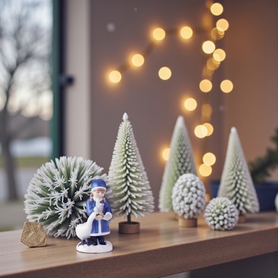 Royal Copenhagen annual figure 2017 with a girl in a blue coat feeding a swan, placed among small winter-green trees and warm Christmas lights.