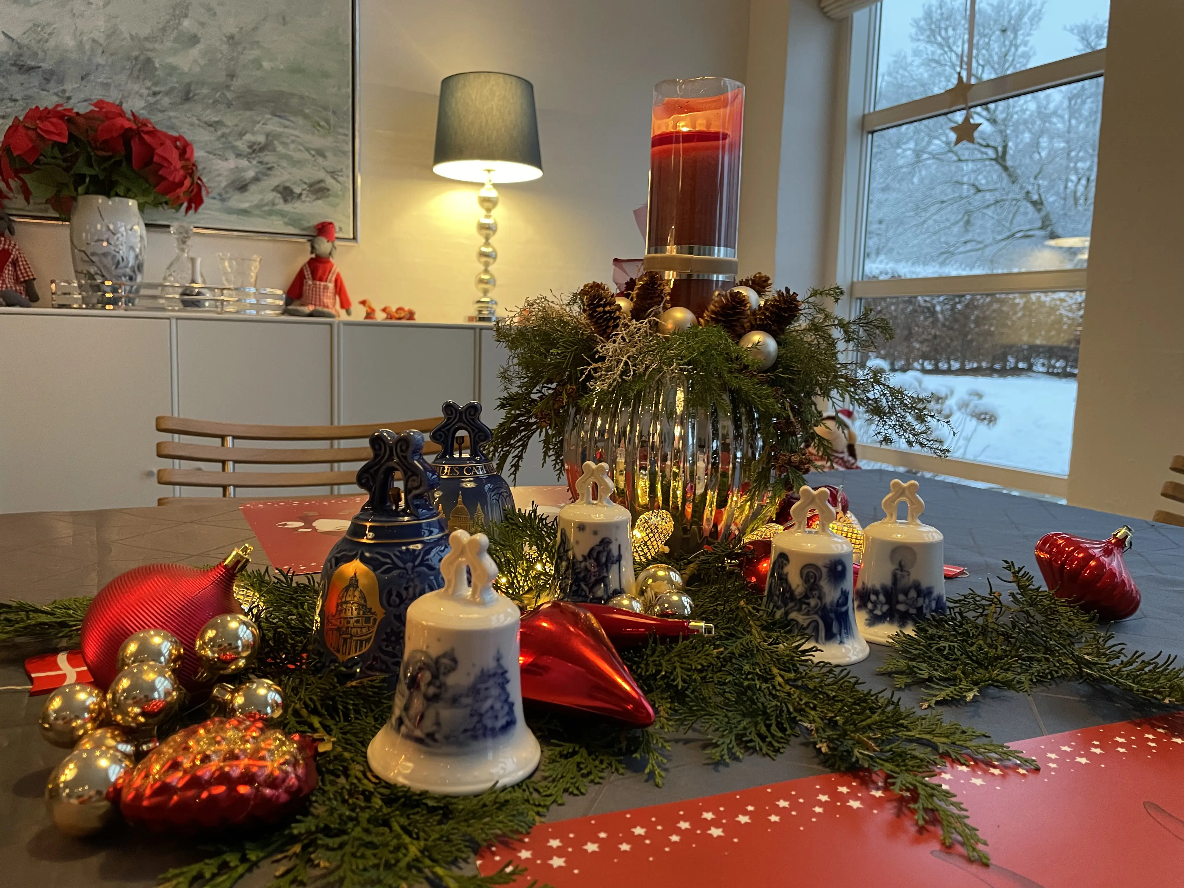 Christmas bells look beautiful on the table.