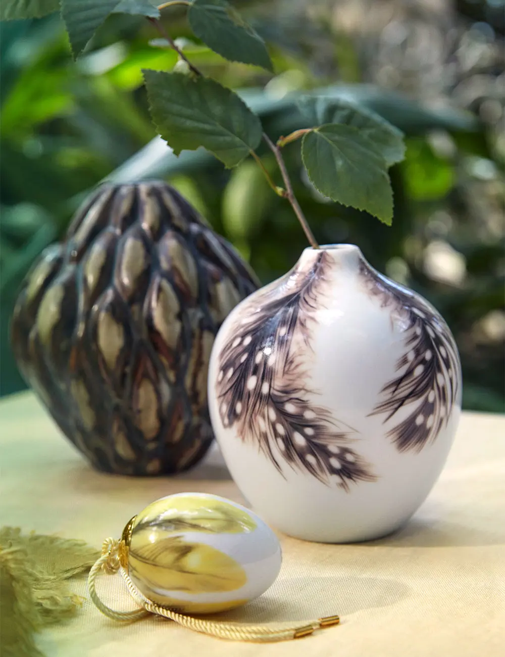 The motif on Royal Copenhagen's Easter vase 2025 shows feathers from a guinea fowl.
